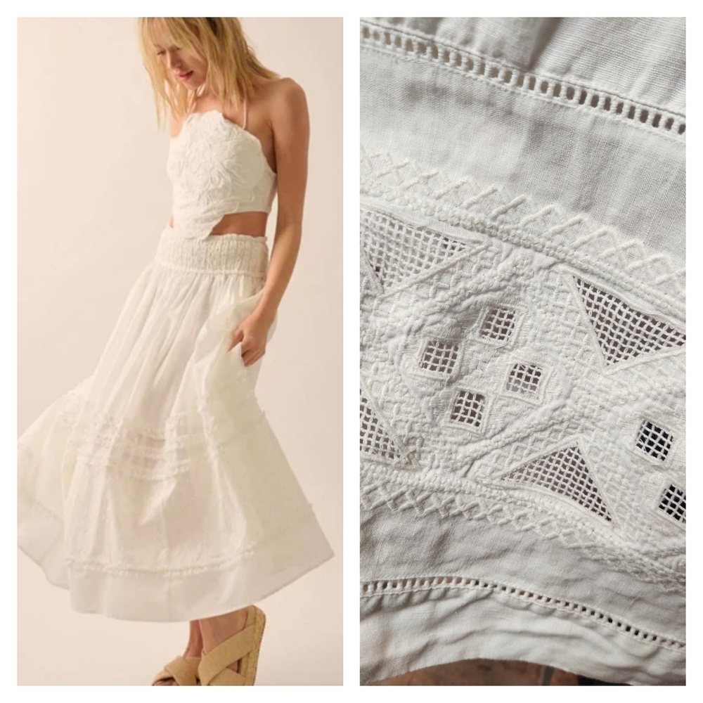 Free People Eyelet Embroidered Linen High Waist Tapered Long Skirt | Size 6 28